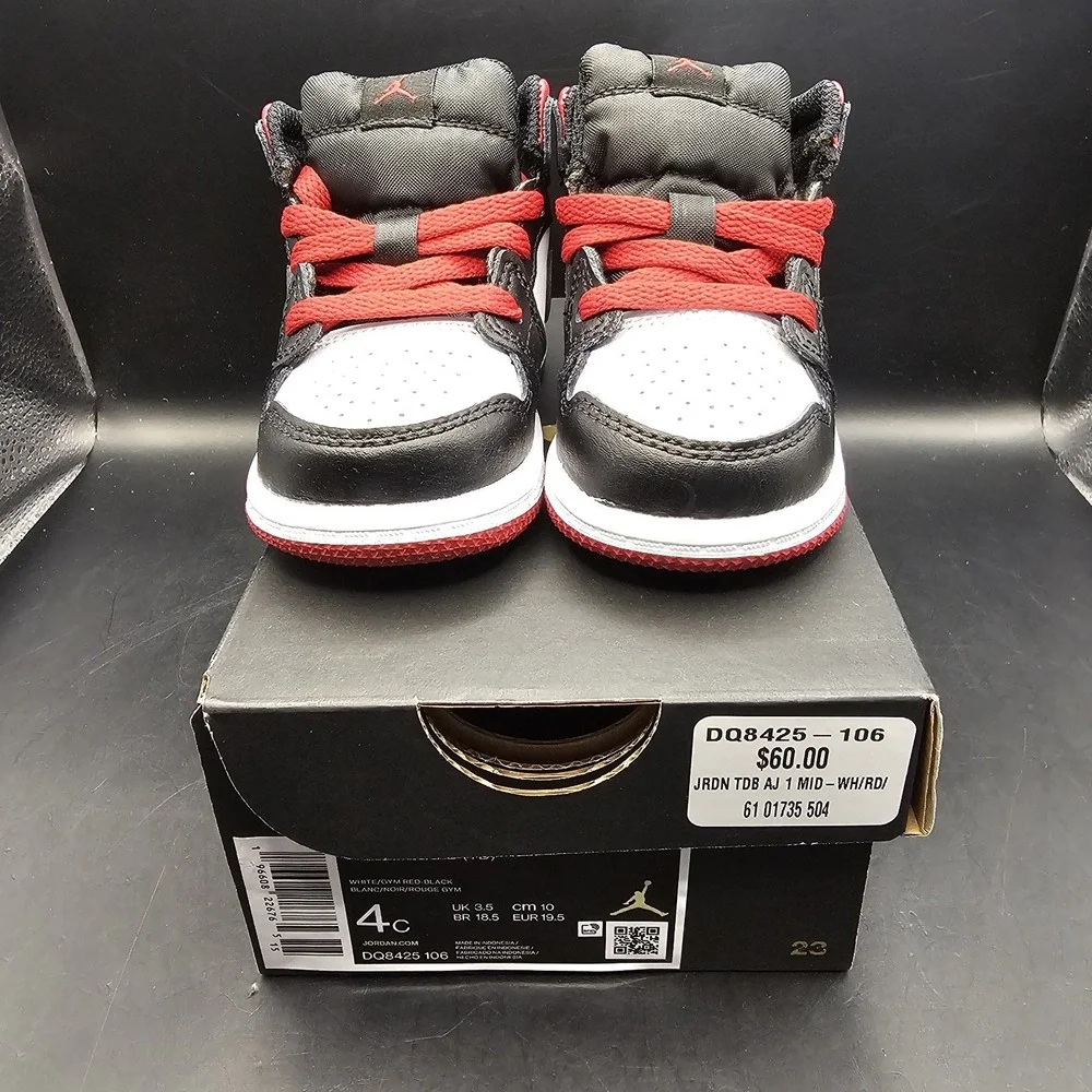 JORDAN 1 MID TODDLER WHITE / GYM RED-BLACK‎ DQ8425 106 SIZE 4C